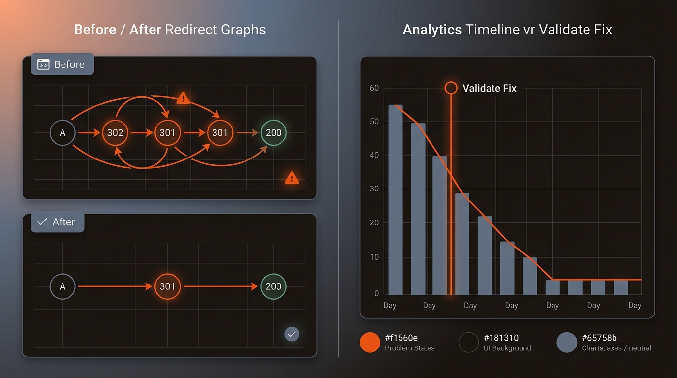 Side-by-side dashboard graphic: before-and-after redirect chains simplified from multi-hop to a single 301, and a Validate Fix timeline showing redirect errors dropping over time, in brand orange, dark, and blue-gray tones.