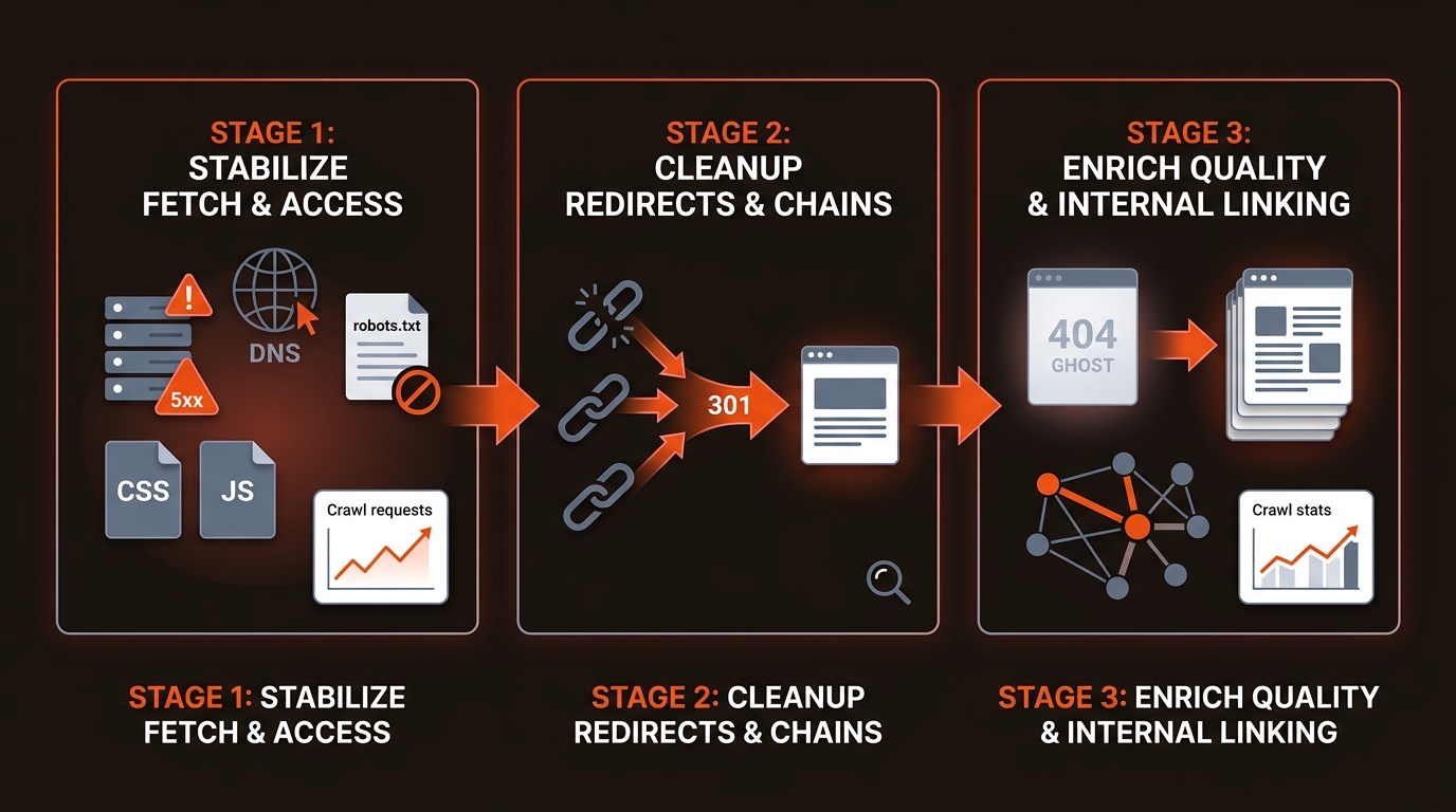 Three-stage flowchart showing crawl error triage: stabilize fetch failures first, then fix redirects, then address quality and internal links, in a modern vector style using orange, dark, and blue-gray brand colors.
