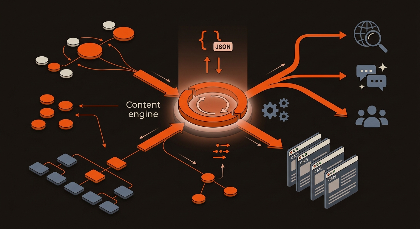 Semi-isometric pipeline showing topic clusters feeding a content engine that outputs structured pages with schema and internal links to search and AI engines, in brand orange, charcoal, and slate.