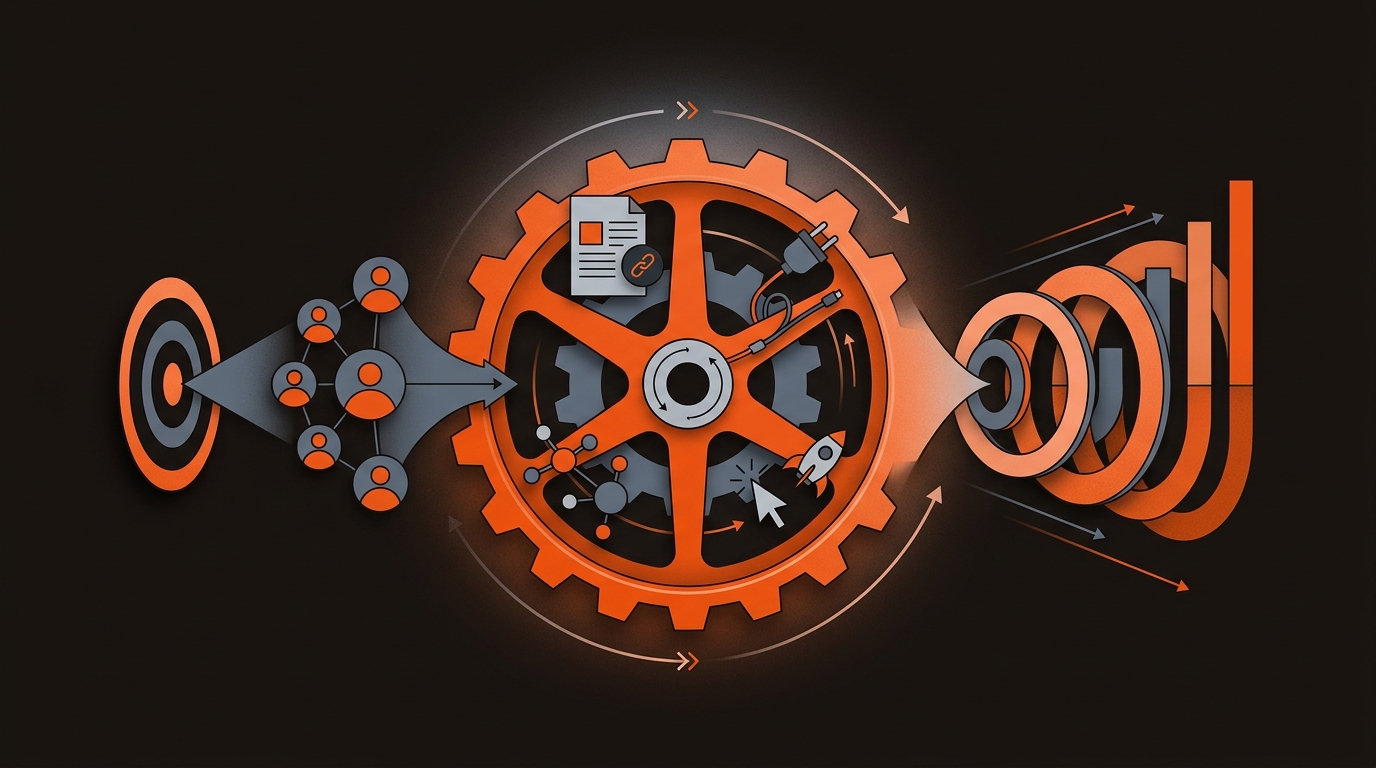 Hero diagram showing an ICP target feeding a central distribution flywheel that drives an expansion revenue loop, in orange, charcoal, and slate brand colors.