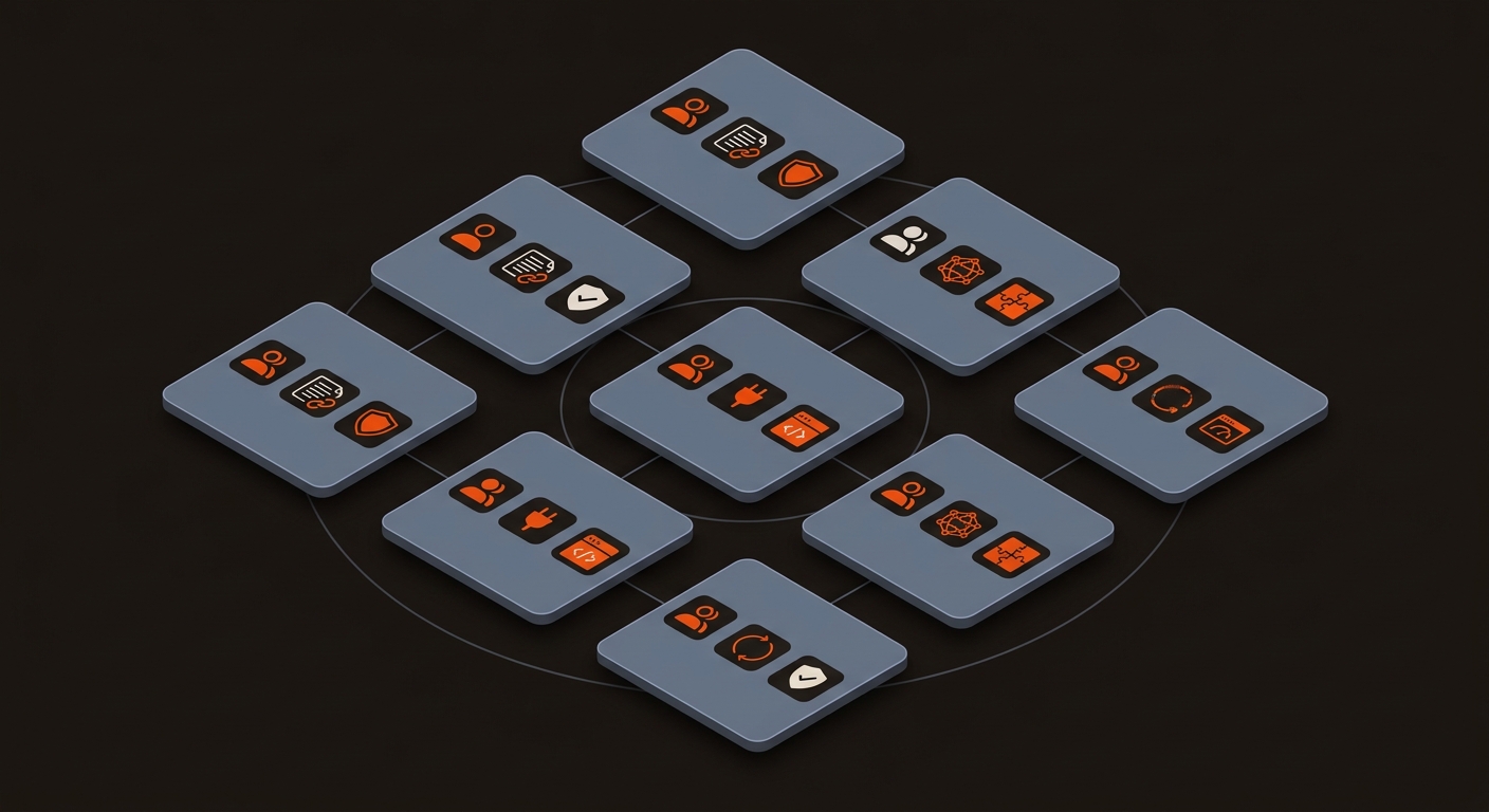 Abstract 3x3 grid of icon cards showing ICP, distribution engines, and defensible edges, connected by a subtle ecosystem flywheel in brand orange, charcoal, and slate.