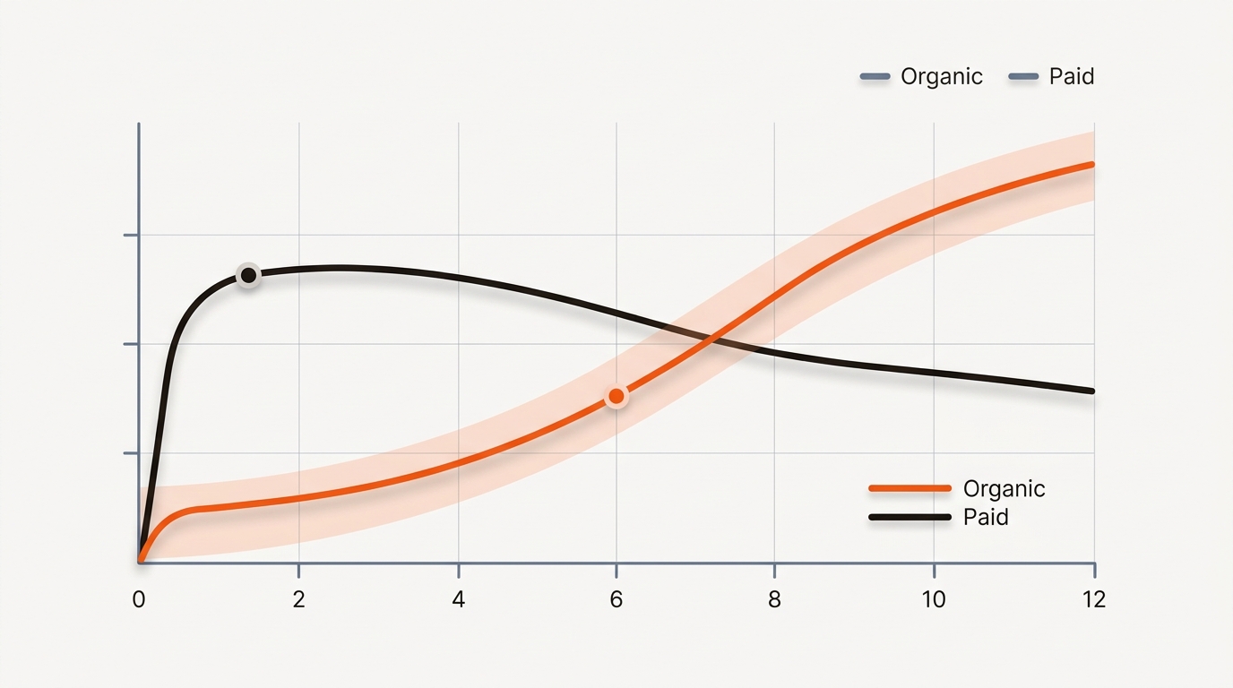 Line chart comparing channels over 12 months: paid starts higher then plateaus, organic starts low and overtakes by months 6–12, using orange for organic and black for paid with a muted blue-gray grid.