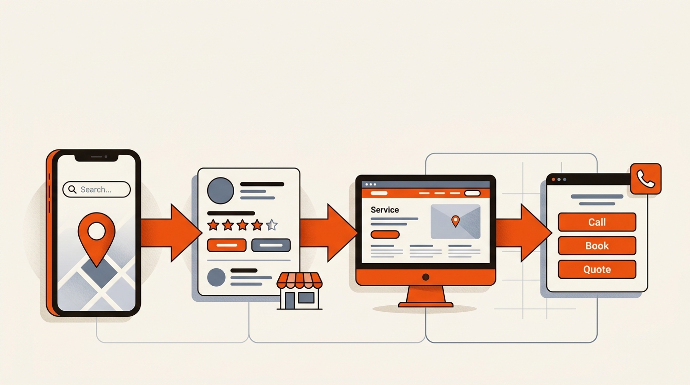 Editorial illustration of a local search-to-lead flow: a smartphone query moves to a business profile card, then a service page, ending with call and quote CTAs, linked by bold arrows in brand colors.