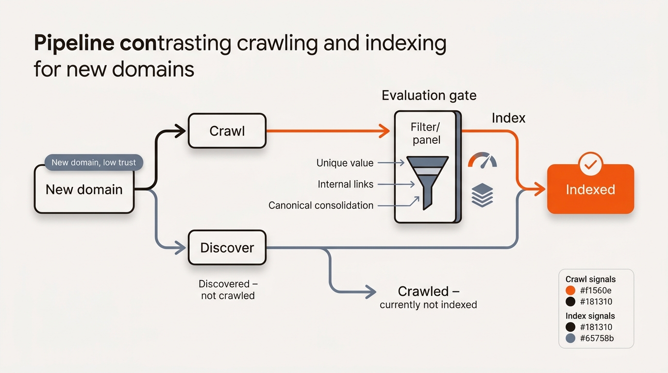 Vector infographic showing a left-to-right pipeline for new domains: Discovered to Crawled to an evaluation gate, with some URLs pausing at “Crawled – currently not indexed” and others reaching “Indexed.” Highlights unique value, internal links, and canonicals as signals, using orange, charcoal, and slate brand colors.