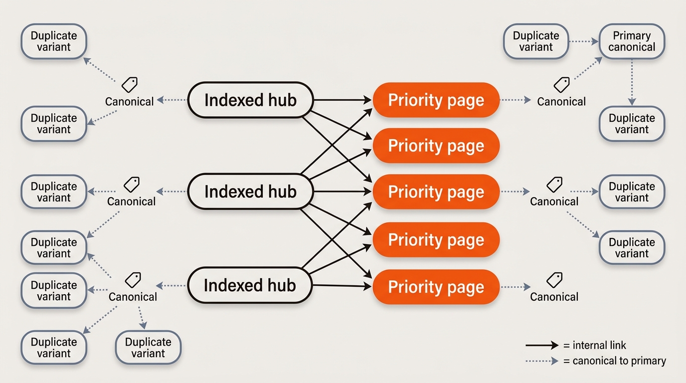 Minimal vector site map showing indexed hub pages linking to highlighted priority pages, with dotted canonical lines from duplicate variants to a primary canonical page, using the brand’s orange, charcoal, and slate colors.