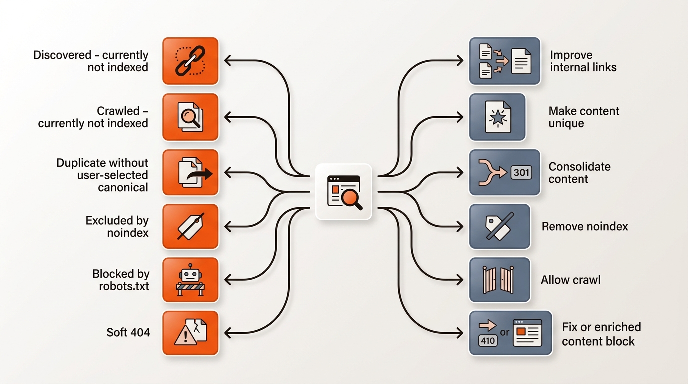Hero flow diagram showing indexing statuses linked by arrows to specific fixes, using orange status tiles and blue-gray fix tiles on a clean light background.
