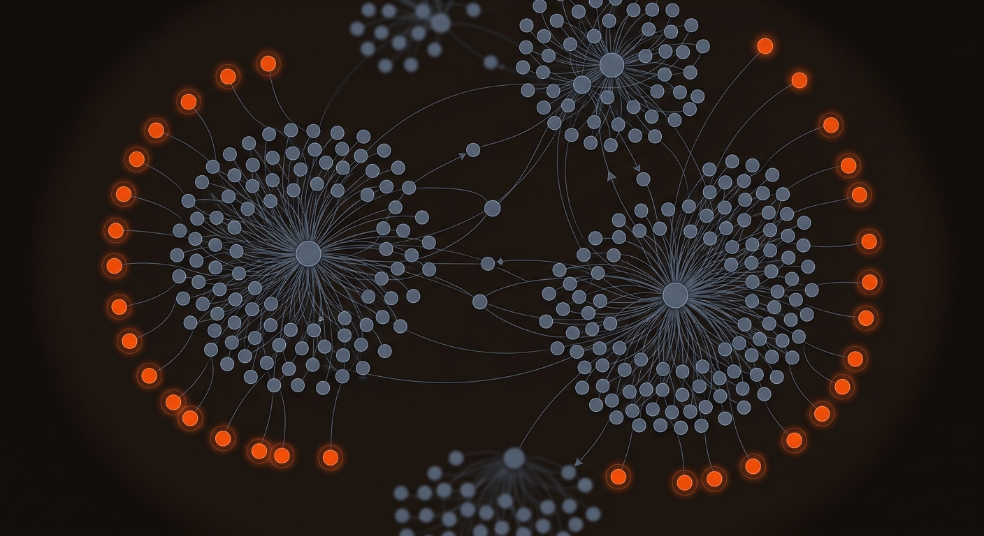 Dark-mode internal link graph with blue-gray clusters and bright orange orphaned pages glowing at the edges of the network.