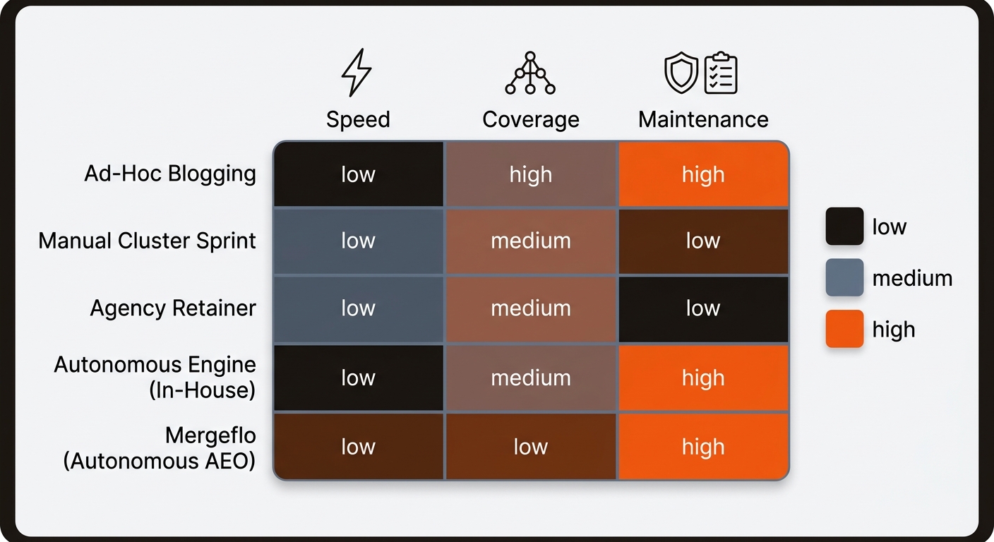 A branded heatmap matrix that rates five content approaches by speed, coverage/interlinking, and maintenance hygiene using orange for high, blue-gray for medium, and near-black for low.