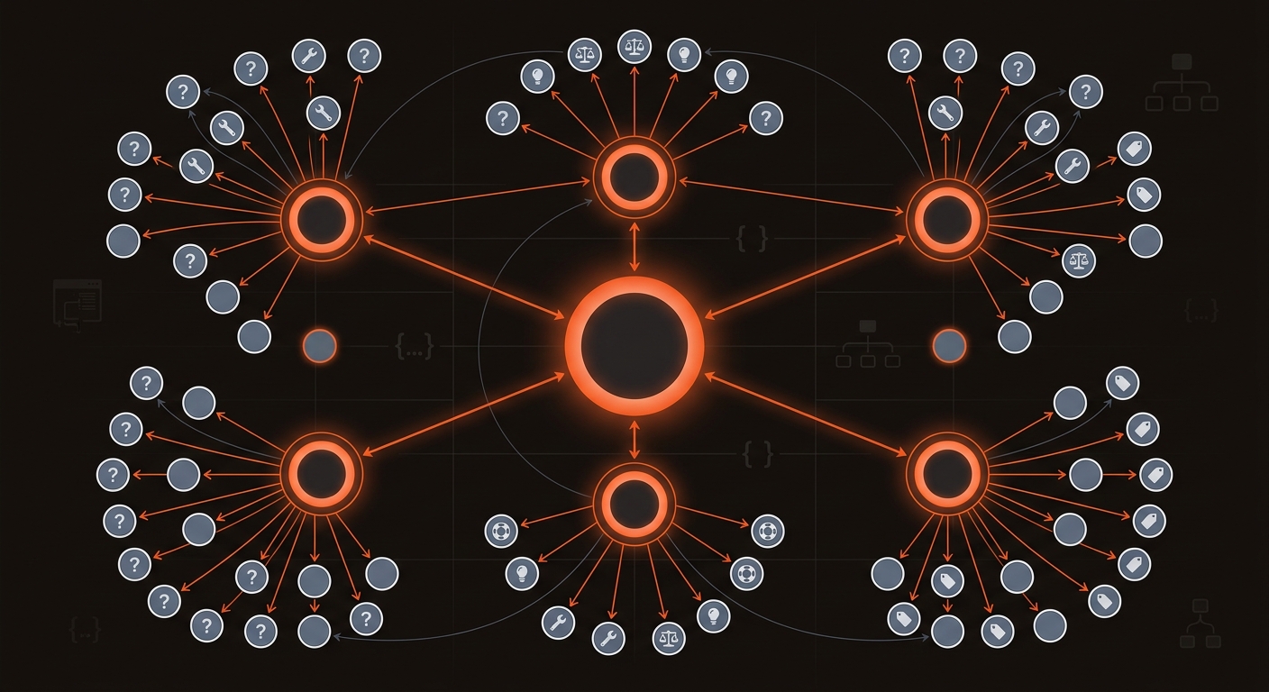 Hero graphic of a hub-and-spoke topical cluster: a central hub linking to pillar pages and many support articles with cross-links, shown as a clean vector network in brand colors.