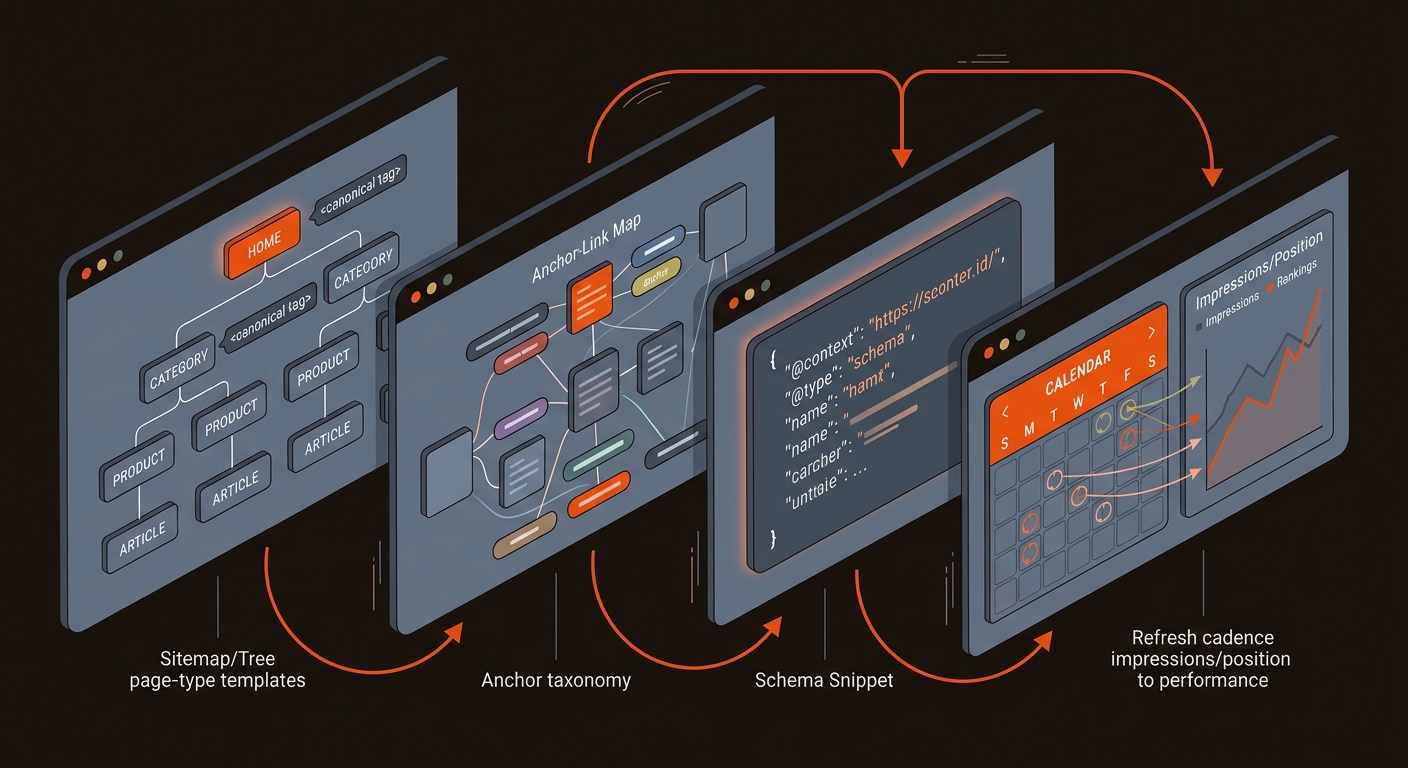 Clean vector workflow of ranking hygiene: sitemap with canonicals, internal link map with anchor chips, schema card, and a refresh calendar feeding a performance chart, in brand colors.