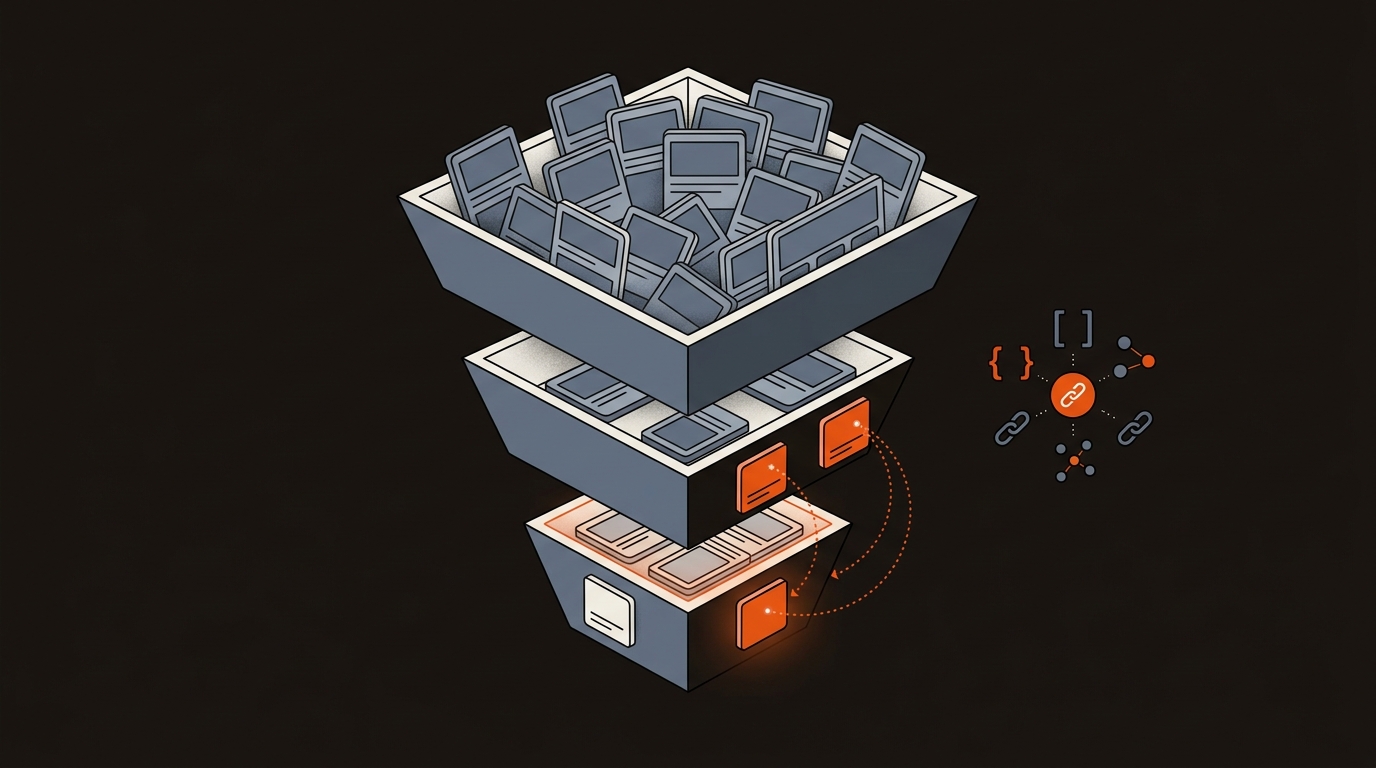 Isometric three-layer SEO funnel with an overcrowded top, sparse mid and bottom, glowing internal-link paths to bottom-of-funnel, and a side cluster of knowledge-graph nodes for AI Overview/entity citations in orange, charcoal, and slate blue.