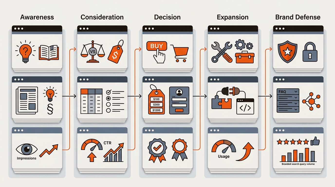 Five-column icon-based infographic comparing SEO across Awareness, Consideration, Decision, Expansion, and Brand Defense, showing query types, page/entity focus, and KPI outcomes using brand orange, charcoal, and slate blue.