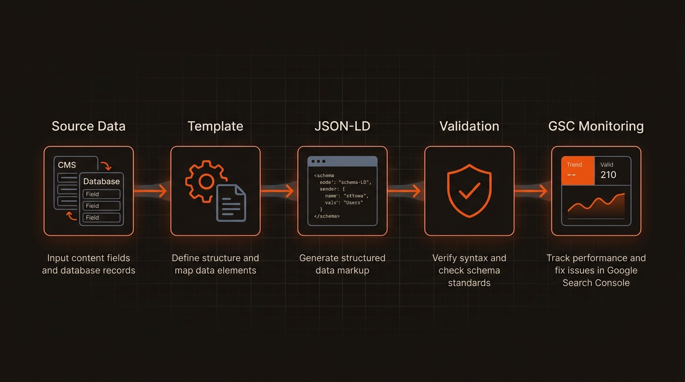 Left-to-right flow diagram showing Source Data, Template, JSON-LD, Validation, and GSC Monitoring connected by glowing arrows.