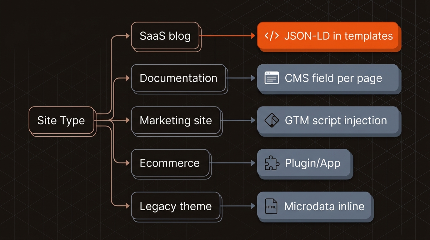 A clean decision tree showing different site types branching to recommended schema implementation methods, with the JSON-LD in templates path highlighted in orange.