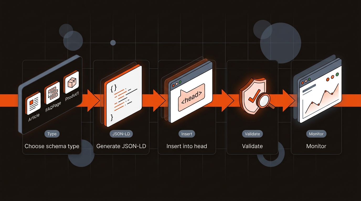 A sleek, brand-colored hero graphic showing a five-step pipeline for schema markup: choose type, generate JSON-LD, insert in head, validate, and monitor, connected by orange arrows on a dark background.