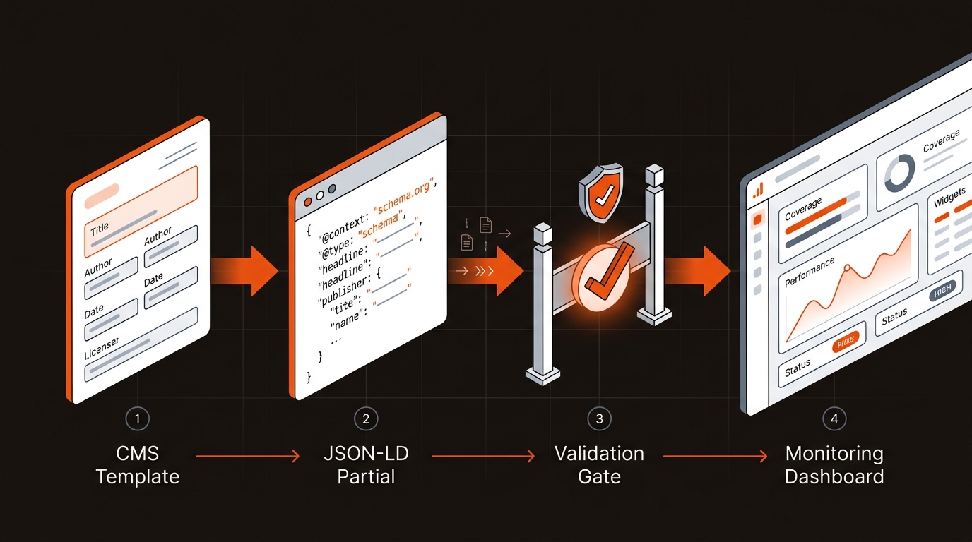Isometric diagram showing a schema pipeline from CMS template to JSON-LD, through a validation gate, into a monitoring dashboard.