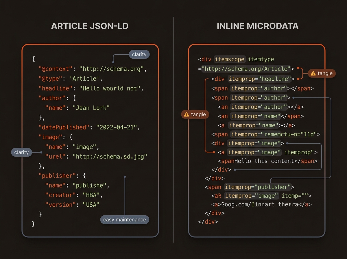 Side-by-side comparison of a clean JSON-LD Article code block versus cluttered HTML with inline Microdata attributes.