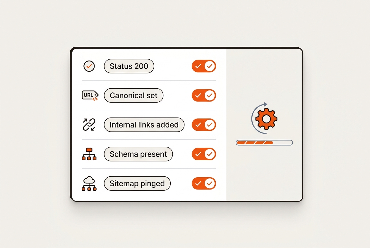 Automated publish checklist card with checks for Status 200, Canonical, Internal links, Schema, and Sitemap ping, shown in a clean CI pipeline style.