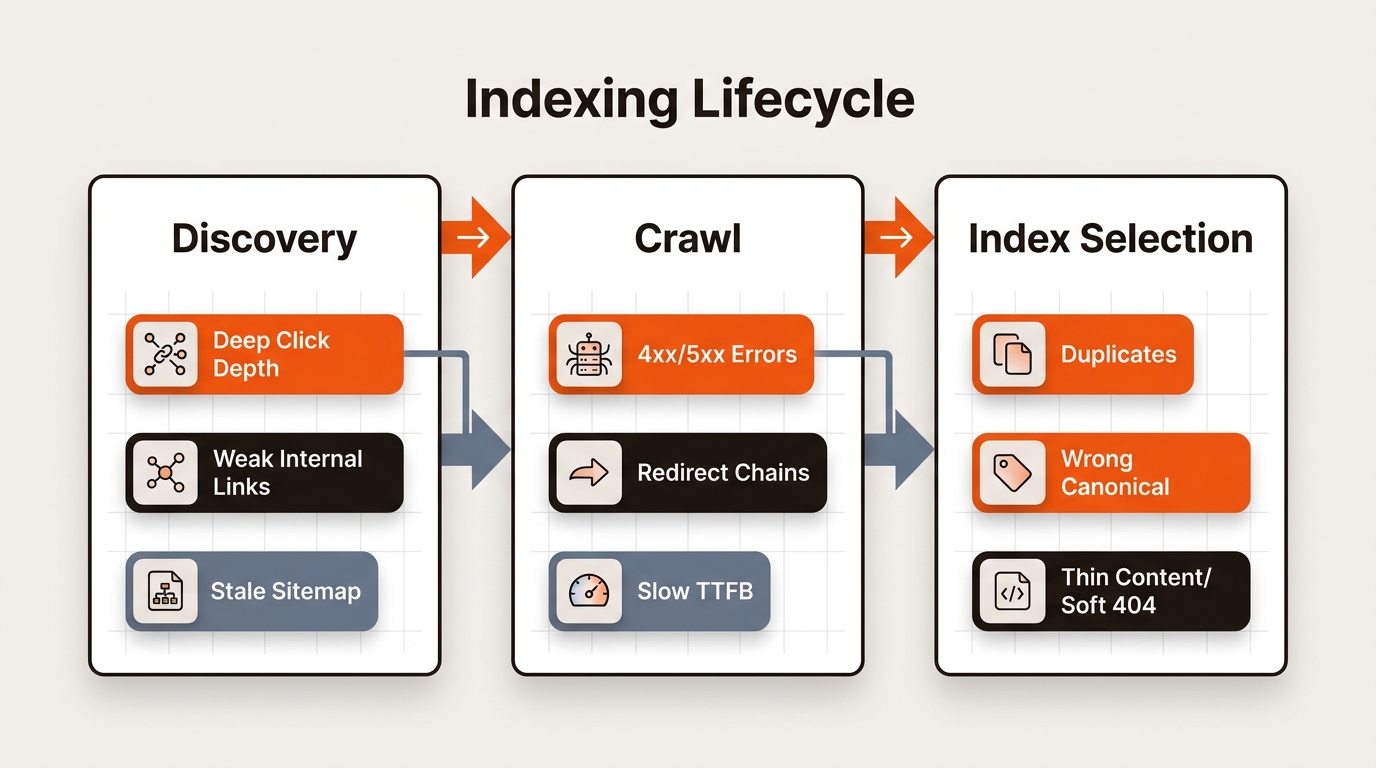Three-stage lifecycle diagram showing Discovery, Crawl, and Index Selection connected by arrows, with icon-labeled chips listing common failures under each step.