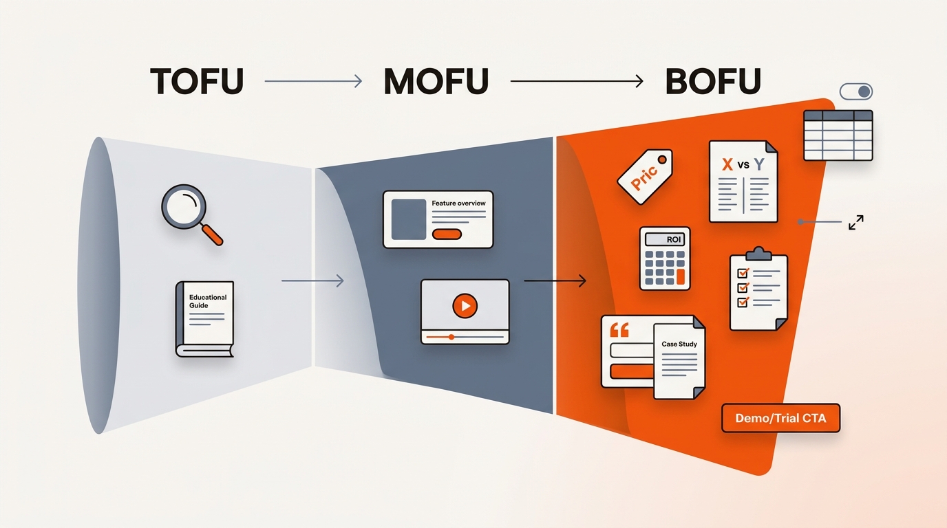 Modern vector infographic of a three-stage B2B SaaS funnel labeled TOFU, MOFU, and a highlighted BOFU showing pricing, comparisons, ROI, implementation, case study, and demo/trial actions in the brand’s orange, charcoal, and blue-gray palette.