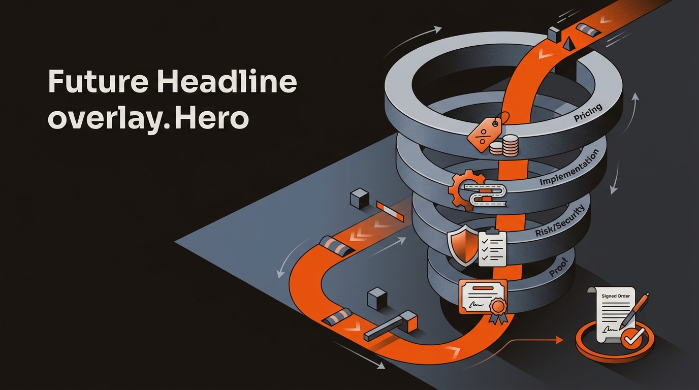 Semi-isometric hero showing a sales funnel with four checkpoints—pricing, implementation, risk, and proof—guiding a clear path to a signed order.