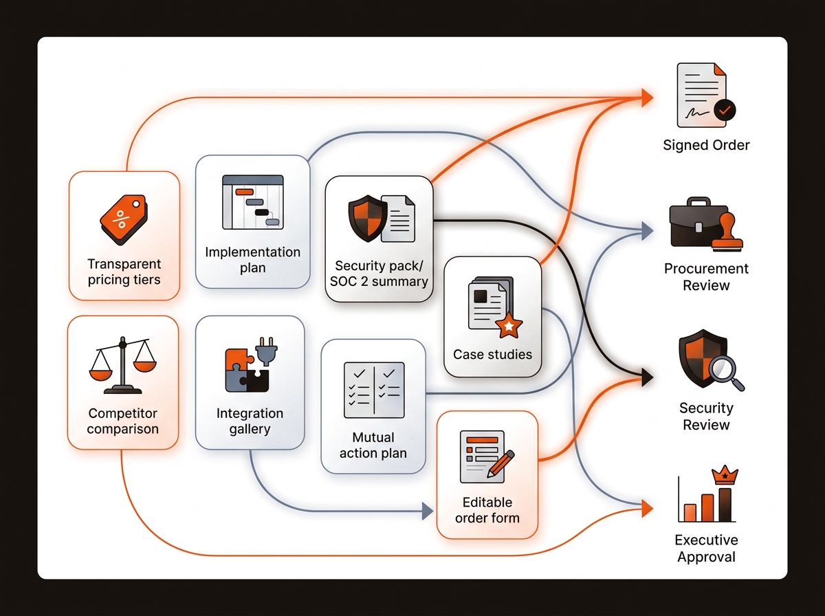 Vector flow diagram showing decision assets—pricing, implementation, security, case studies, comparisons, integrations, mutual action plan, and order form—feeding into exit paths like signed order, procurement, security, and executive approval.