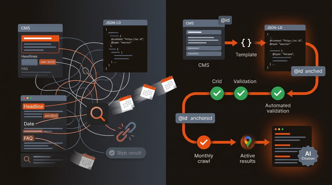 Split-screen illustration of schema drift versus an automated JSON-LD pipeline: the left shows mismatched fields and fading rich results, the right shows CMS-to-template-to-JSON-LD with validations, crawls, and active rich results, in a dark brand palette with orange accents.