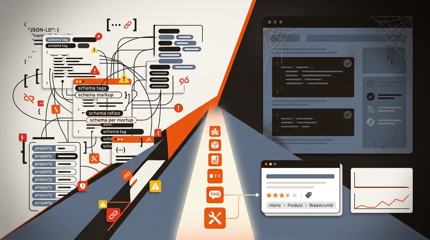 Split-scene vector illustration contrasting schema bloat on one side and stale, invalid markup on the other, with a highlighted path of core schema types leading to a clean rich result preview.