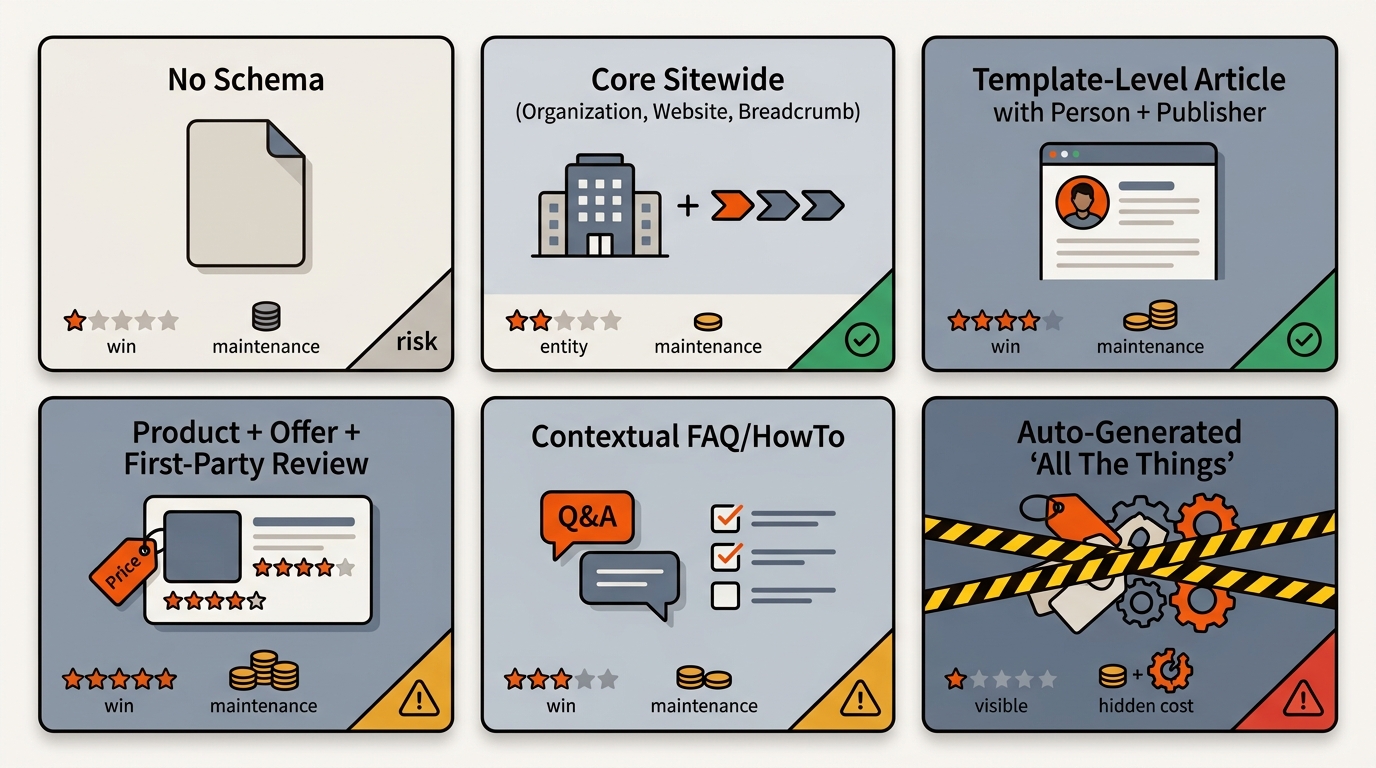 Six-card grid infographic comparing schema approaches with icons for win, maintenance cost, and risk, highlighting core sitewide and product/article setups versus risky auto-generated markup.