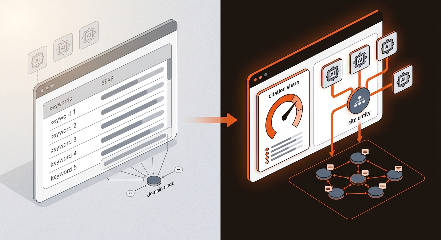 Split-screen illustration contrasting traditional rank tracking with an AI citation dashboard and clustered, schema-linked pages in brand orange and charcoal.