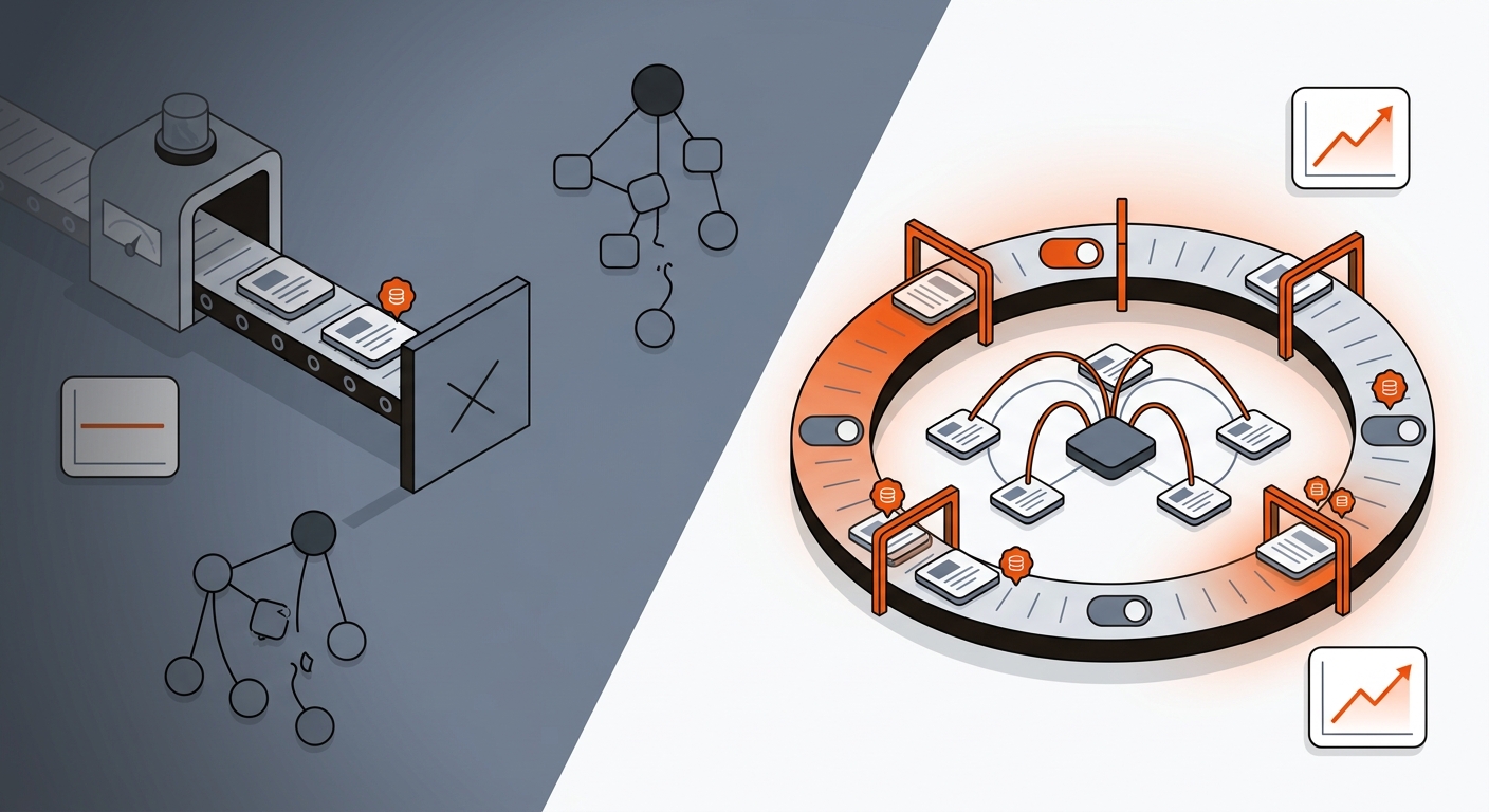 Diagonal split illustration showing a stalled one-off AEO effort versus a governed, continuous publishing loop with schema and internal links, using brand orange accents.