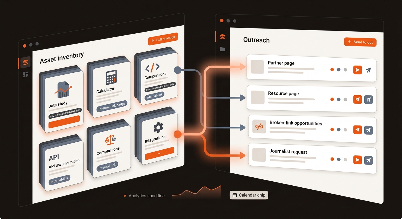 Abstract SaaS dashboard illustration showing an asset inventory panel feeding into an outreach queue panel, connected by a glowing workflow path in Mergeflo brand colors.