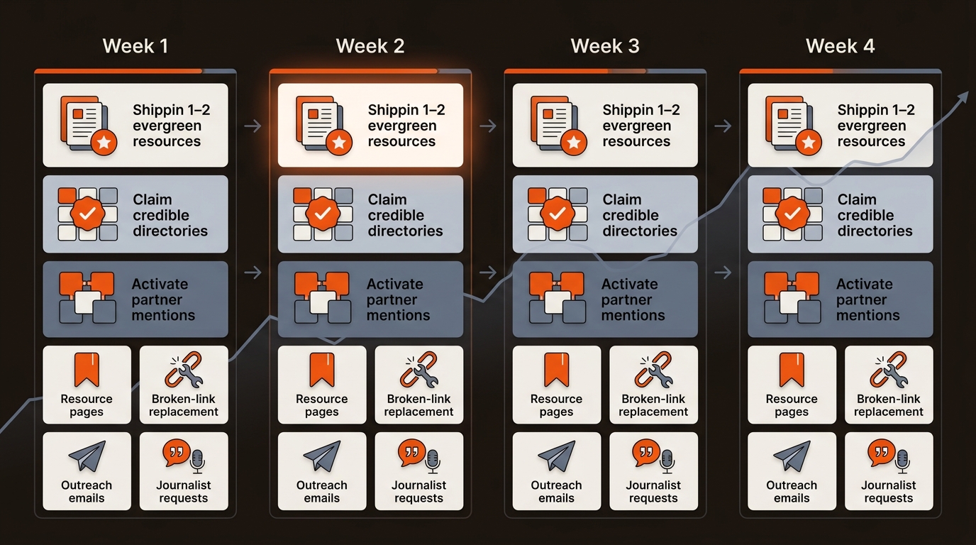 Hero illustration of a four-week link acquisition cadence shown as a semi-isometric kanban timeline with icons for resources, directories, partner mentions, resource pages, broken-link fixes, and outreach, accented by an upward-trending graph in Mergeflo brand colors.