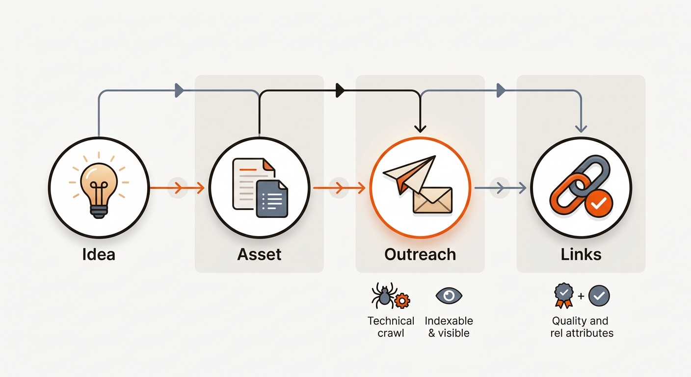 Minimal horizontal flowchart showing icons that progress from idea (lightbulb) to asset (document) to outreach (paper plane) to links (chain with check), with small verification icons and brand-colored connectors.