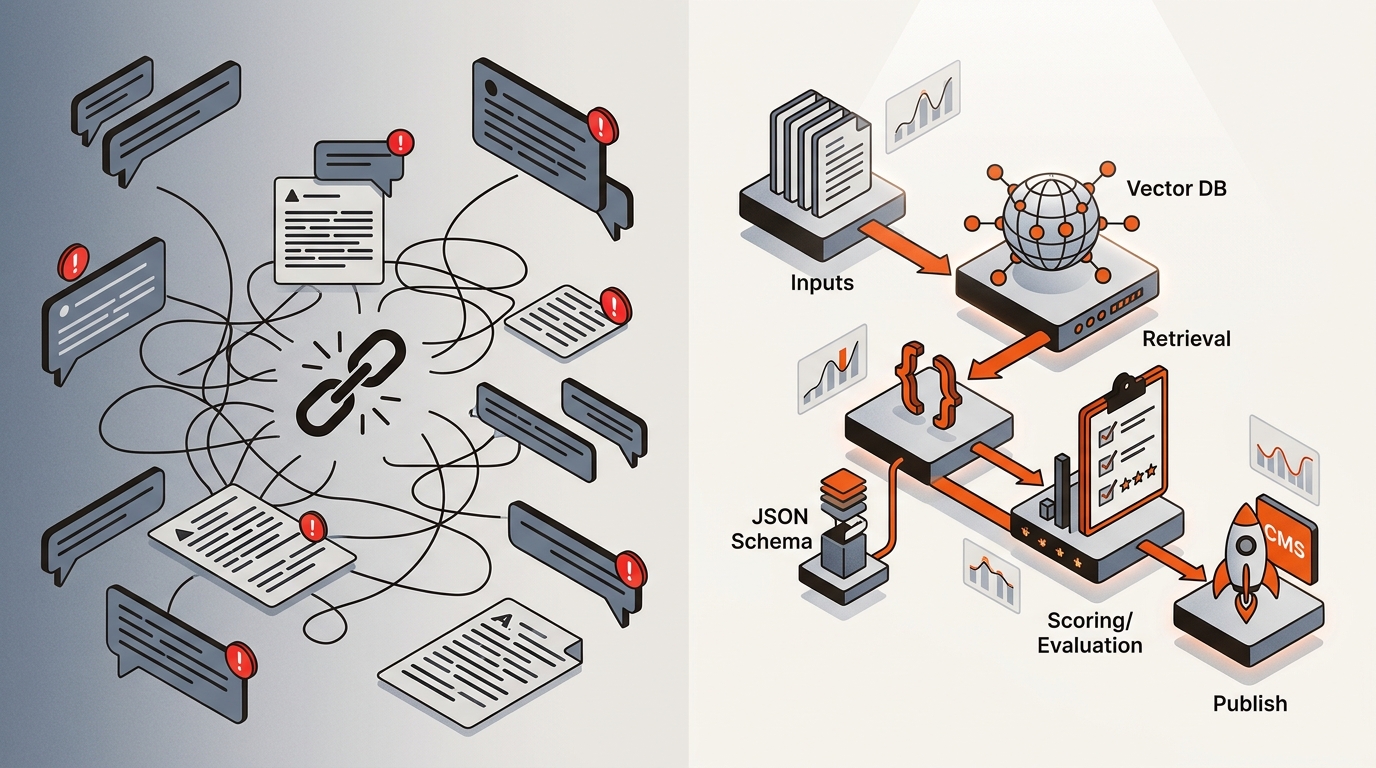 Split isometric illustration comparing messy, unstructured Gemini prompting to a clean pipeline of inputs, retrieval, JSON schema, evaluation, and publish, with the successful flow highlighted in brand orange.