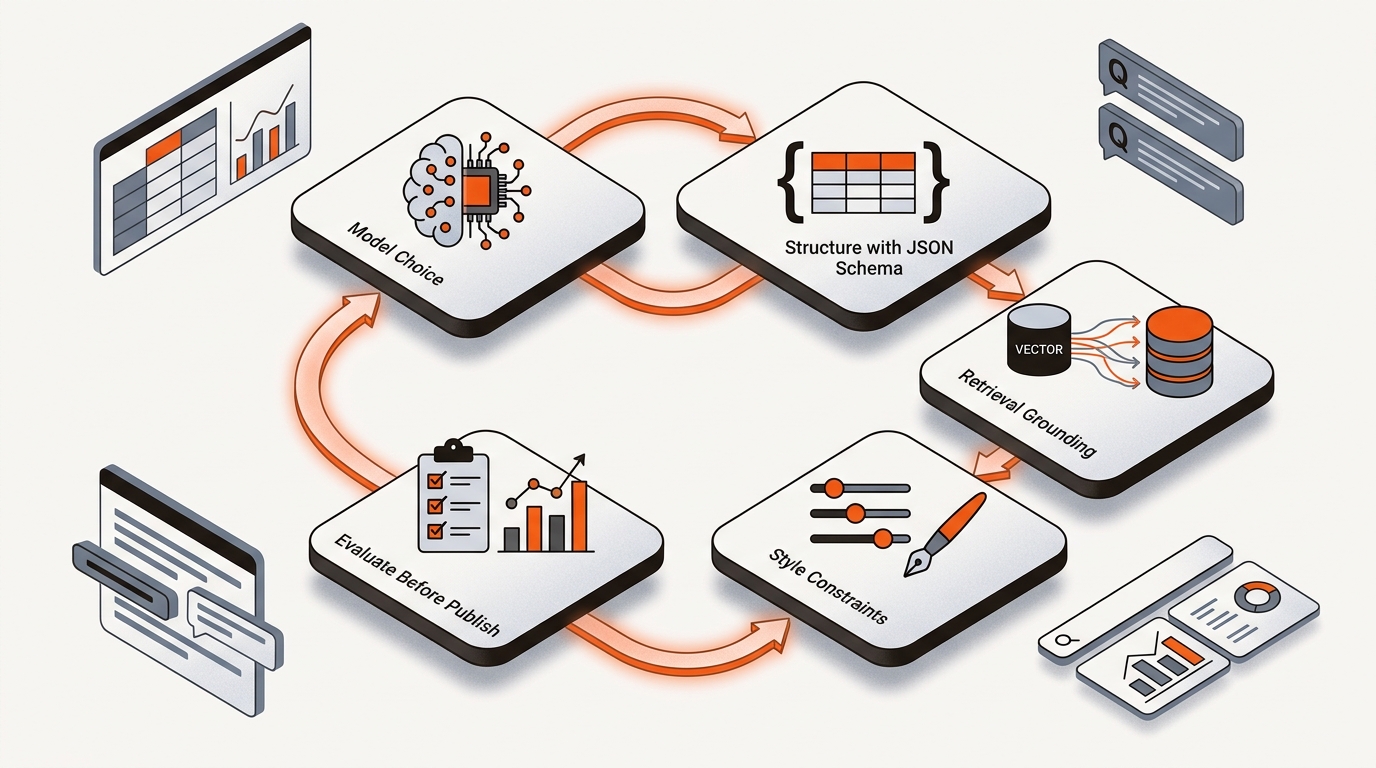 Isometric blueprint-style diagram of a Gemini operator playbook linking model selection, JSON schema structure, retrieval grounding, style constraints, and evaluation with analytics, connected by brand-orange lines.