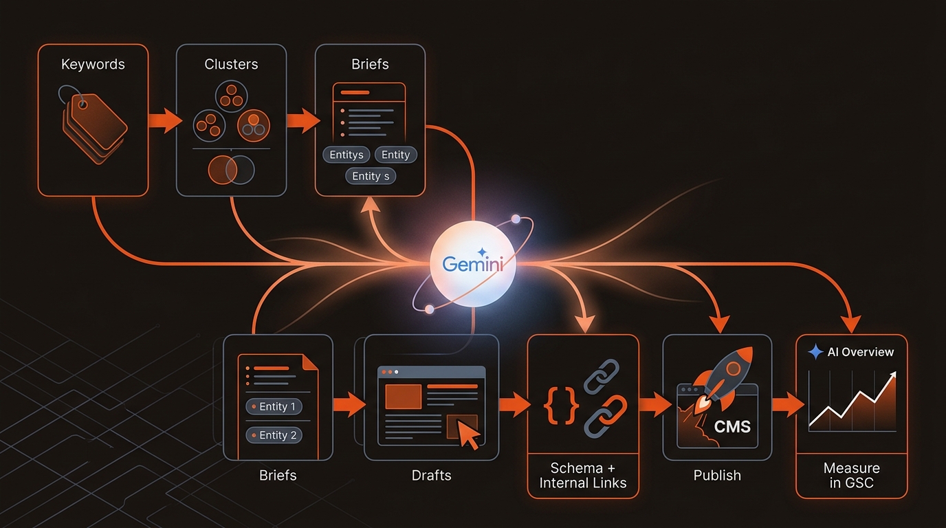 Hero infographic of an SEO and AI Overview pipeline—keywords to clusters to briefs to drafts to schema and links to publish to GSC measurement—with a glowing Gemini node powering each step in brand colors.