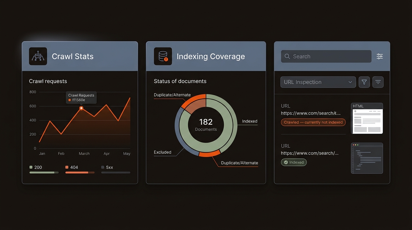 Side-by-side dashboard mock comparing Crawl Stats charts, an Indexing coverage graphic, and a URL Inspection status card showing “Crawled — currently not indexed” vs “Indexed,” using dark background with orange and blue‑gray brand colors.
