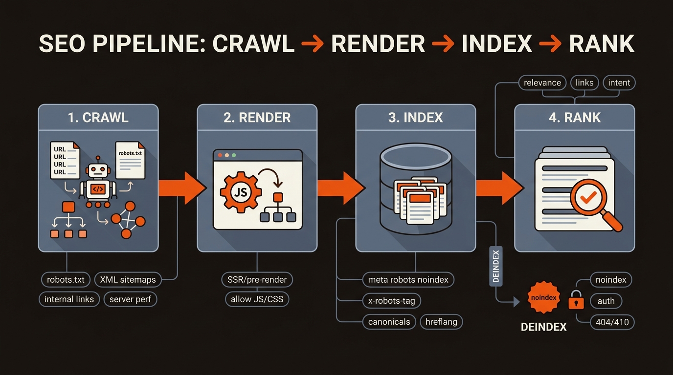 Eye-catching infographic of the SEO pipeline showing Crawl, Render, Index, and Rank with callouts for robots.txt, sitemaps, SSR, noindex, canonicals, and ranking inputs, in a dark theme with orange and blue‑gray accents.