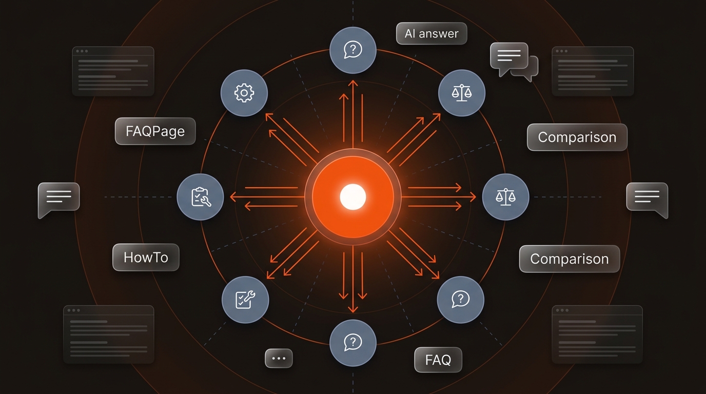 Hub-and-spoke diagram of an intent-led SEO cluster with schema chips and AI citation touchpoints, in Mergeflo brand colors on a dark background.