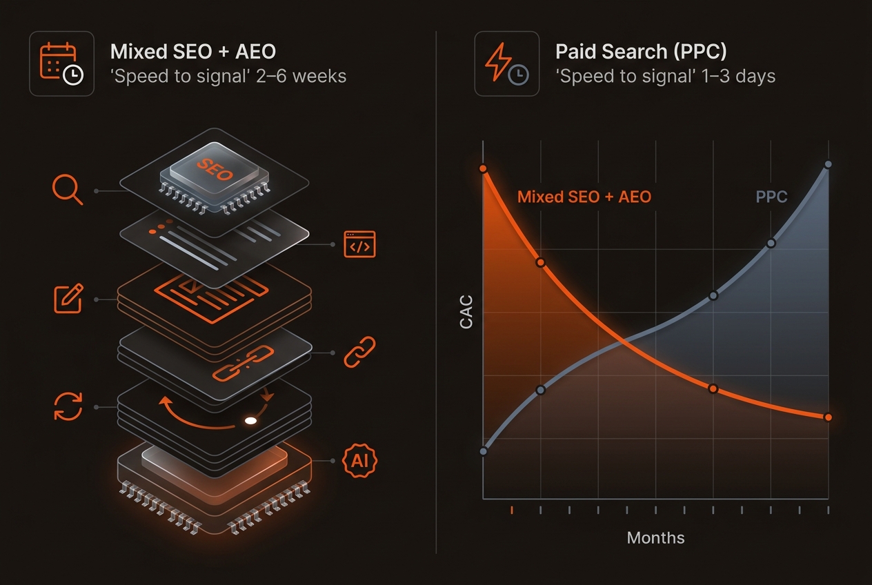 Dark-mode infographic comparing Mixed SEO + AEO versus PPC: an orange line trending down in CAC over 12 months against a blue-gray line trending up, with a left-side stack of SEO+AEO components and speed icons, in brand colors.
