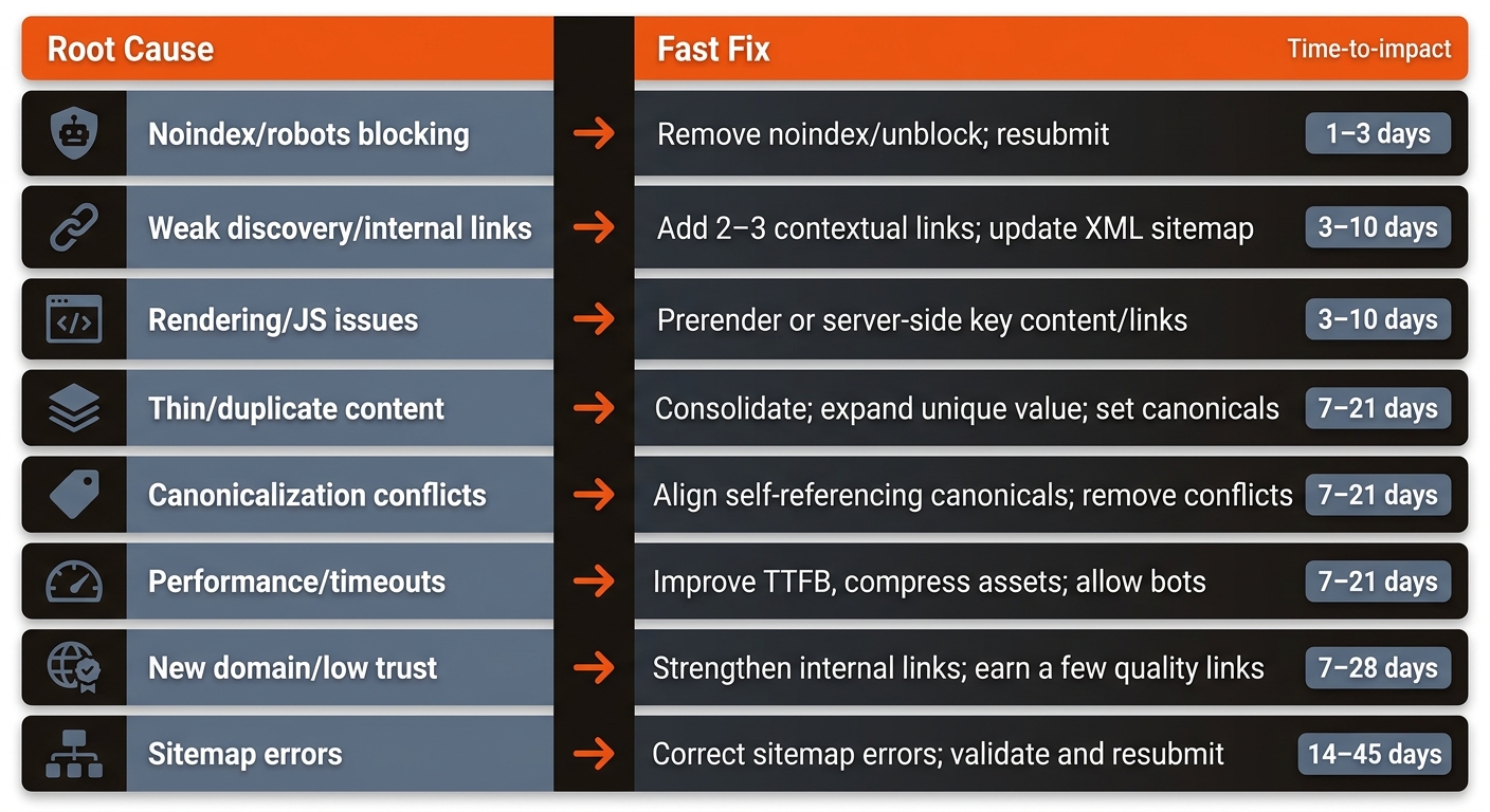 Matrix infographic showing common indexing root causes matched to fast fixes with estimated time to impact, styled in brand colors.