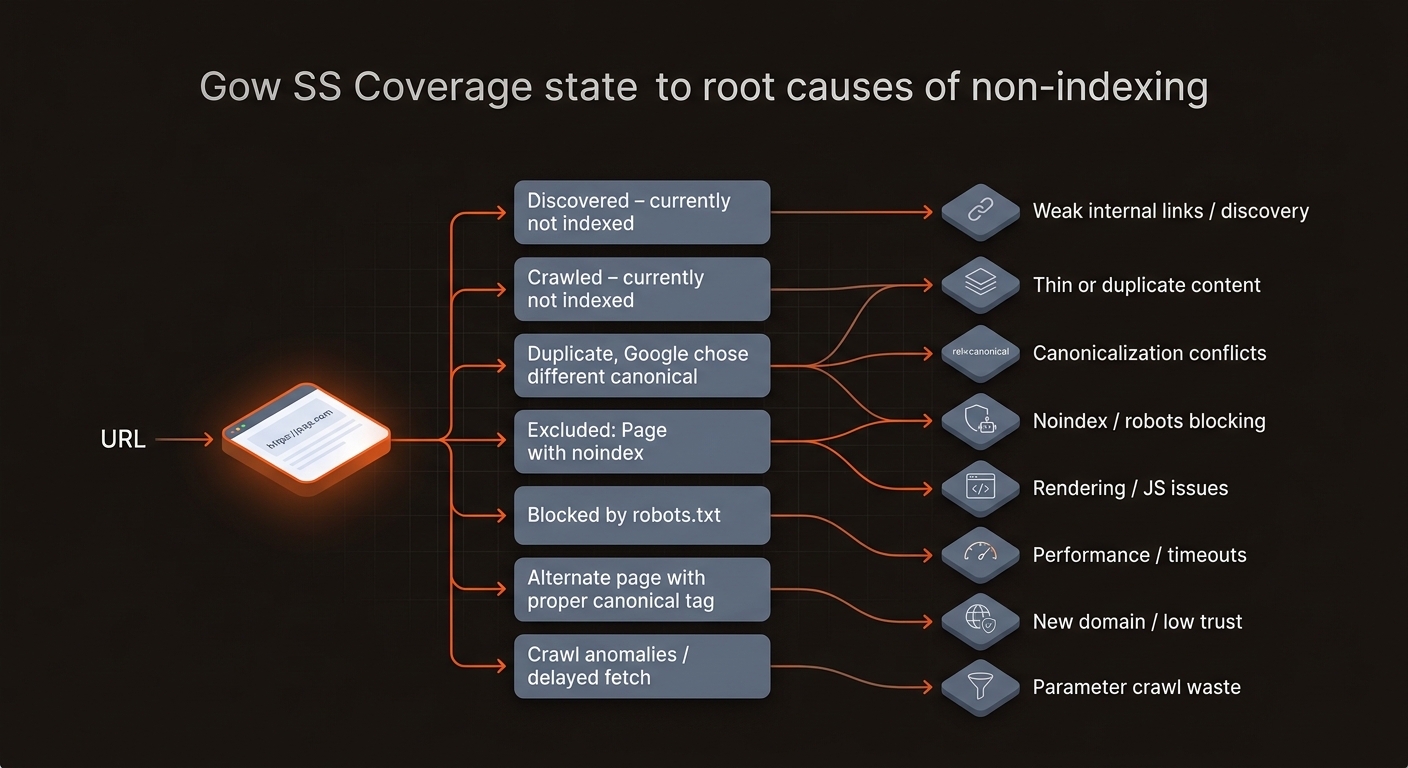 Hero flow diagram mapping Google Search Console coverage states to the main root causes of non-indexing, using a dark background with orange and slate accents.