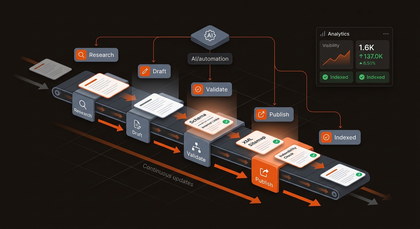 Isometric illustration of an automated content pipeline with schema, internal linking, and sitemap steps leading to indexed pages, in brand colors.
