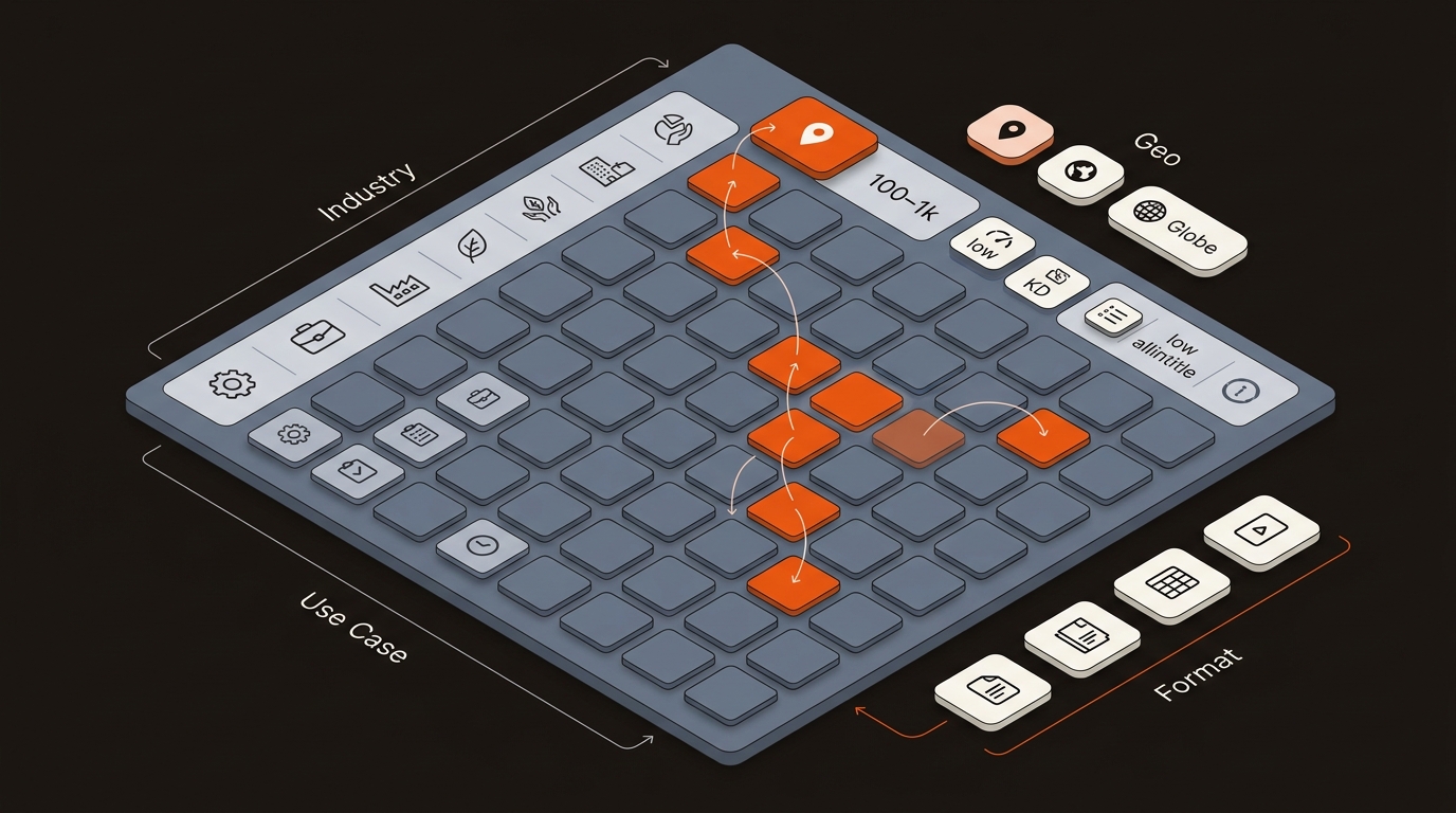Vector matrix illustrating programmatic keyword modifiers across use case, industry, geography, and format with highlighted tiles and linking arrows in brand orange on a dark slate grid.