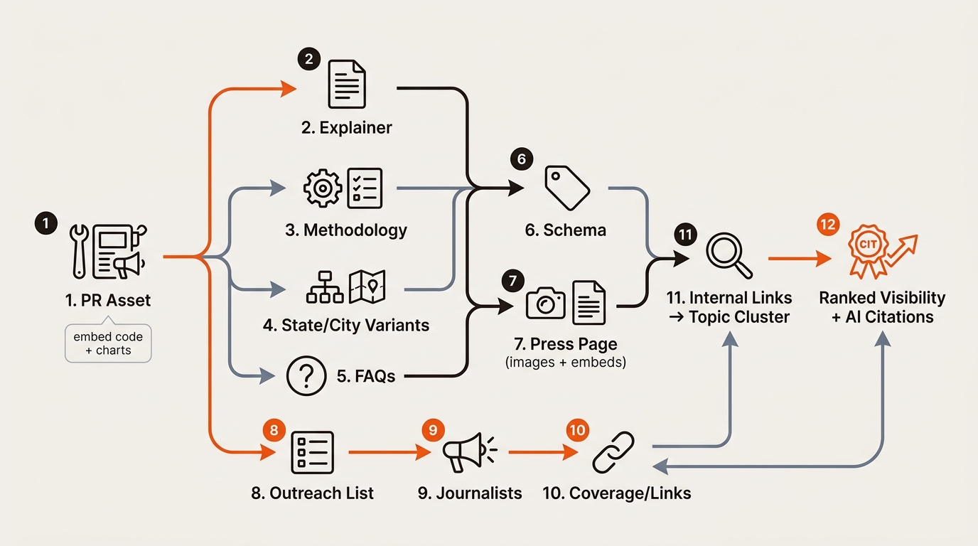 Flowchart showing a PR asset branching to explainer, methodology, state/city variants, and FAQs, feeding schema and a press page, then outreach to journalists and coverage that routes authority to a topic cluster and ends in ranked visibility and AI citations.