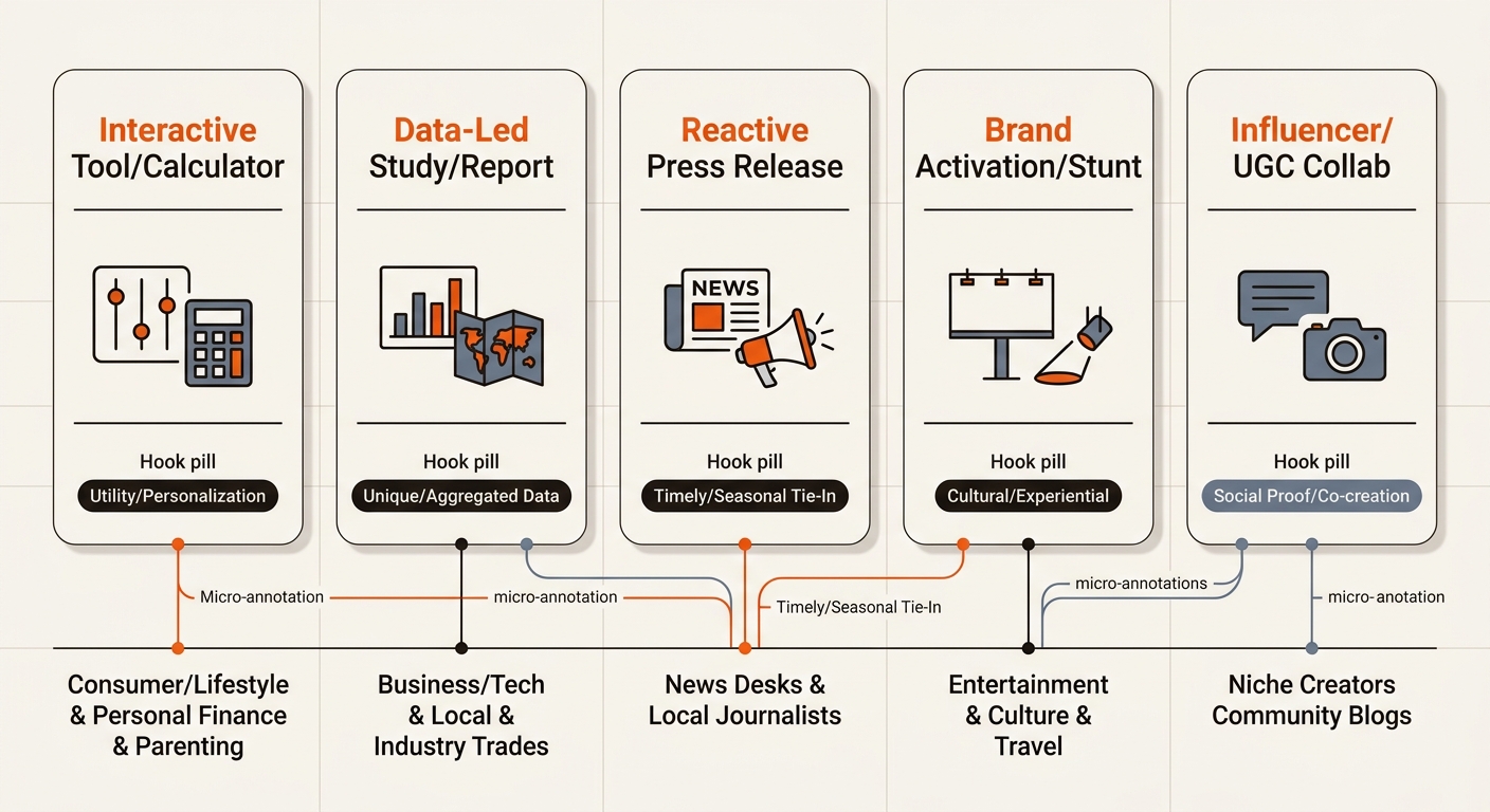 Five-card infographic comparing Digital PR formats with each card’s hook and connector lines mapping to its target media beats, using Mergeflo’s brand colors.