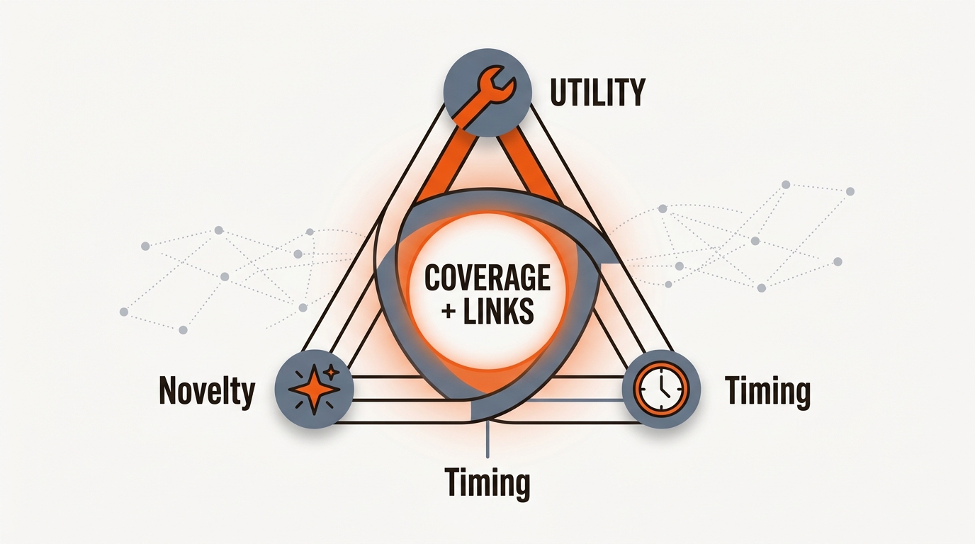 Hero infographic showing a triad of Utility, Novelty, and Timing converging into a central node labeled Coverage + Links, styled in Mergeflo’s brand colors.