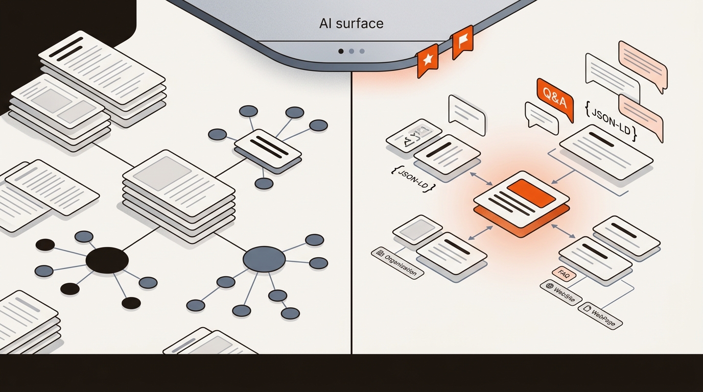 Split-screen illustration contrasting broad SEO pages with precise AEO answer units and schema tags, with AI citations highlighting the AEO side, in brand colors.