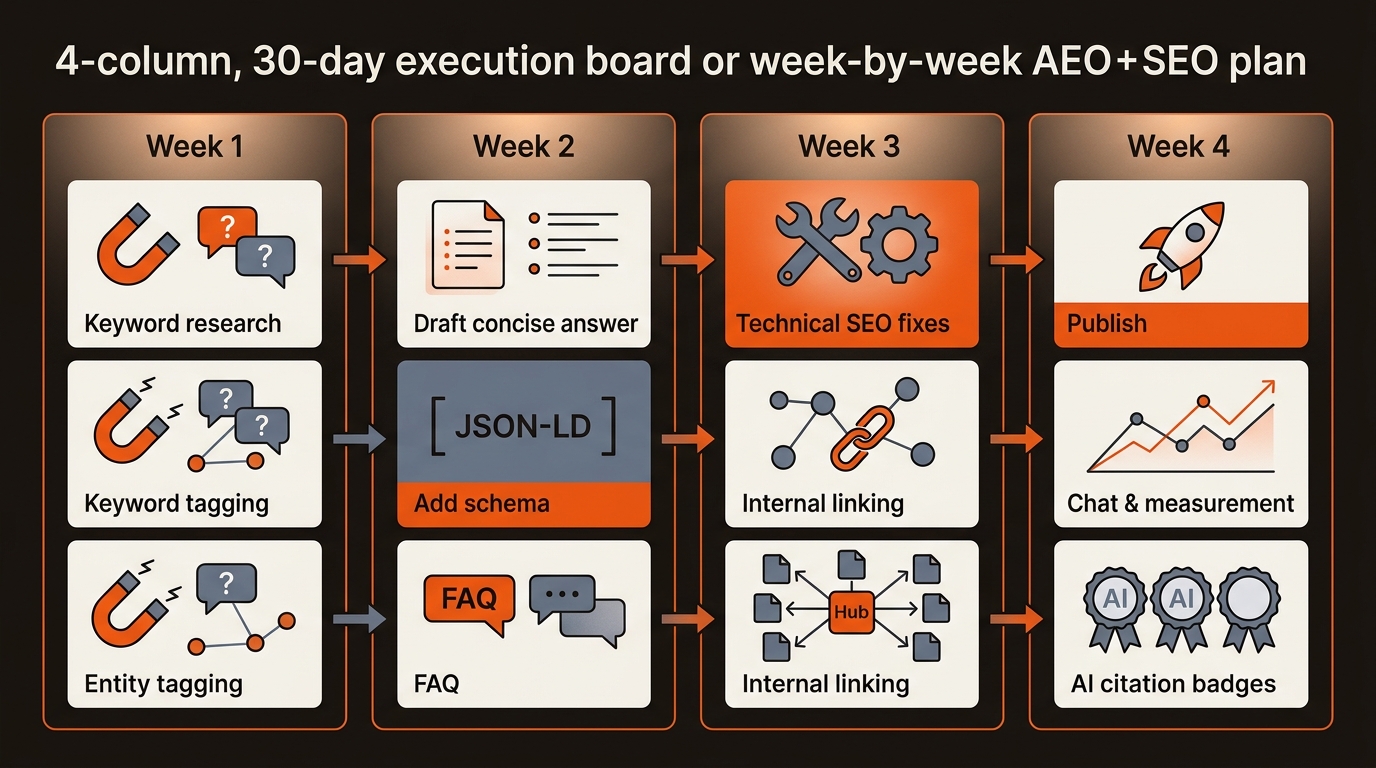 Four-column visual roadmap showing a 30-day plan: question research and entities, drafting with schema, technical SEO and internal links, then publish and measure AI citations, using the brand color palette.